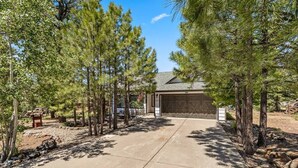 A residential driveway leading to a garage, surrounded by tall pine trees.