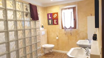 A bathroom with a glass shower enclosure, a toilet, a sink, and a window with curtains.