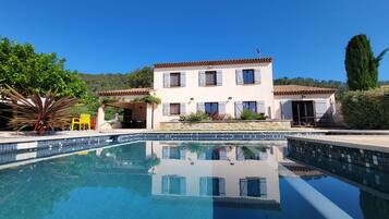 Outdoor pool, pool umbrellas, pool loungers