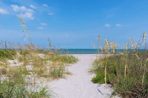 Un sentier de sable qui longe la plage et mène à la mer, avec de hautes herbes de chaque côté.