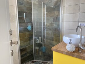 Hair dryer, towels, soap, toilet paper