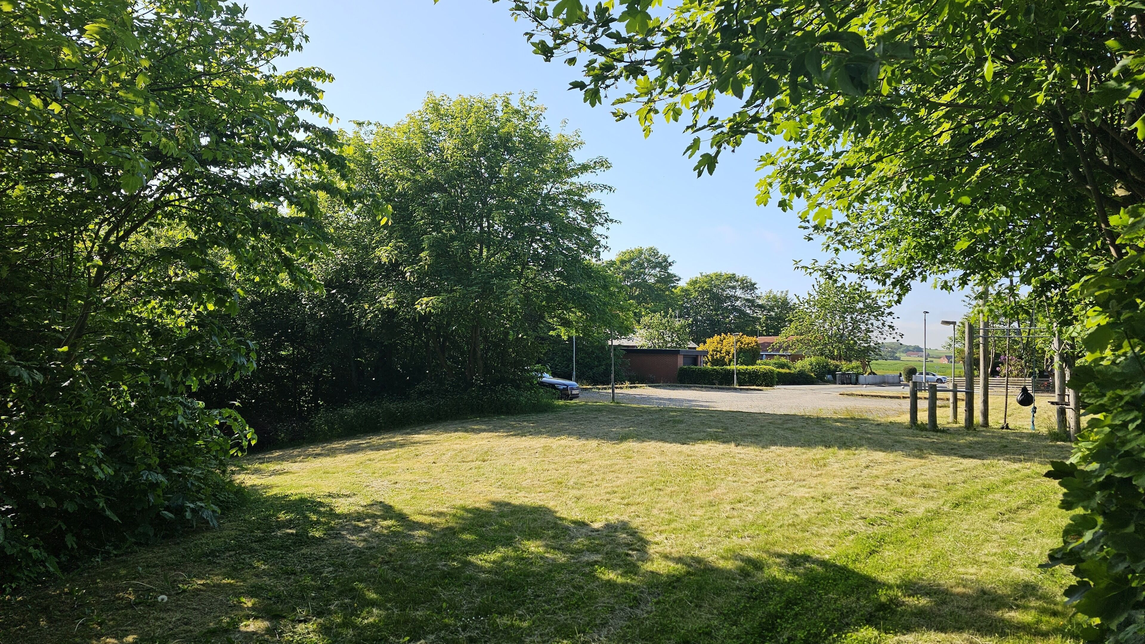 A grassy area with trees and a building in the background.
