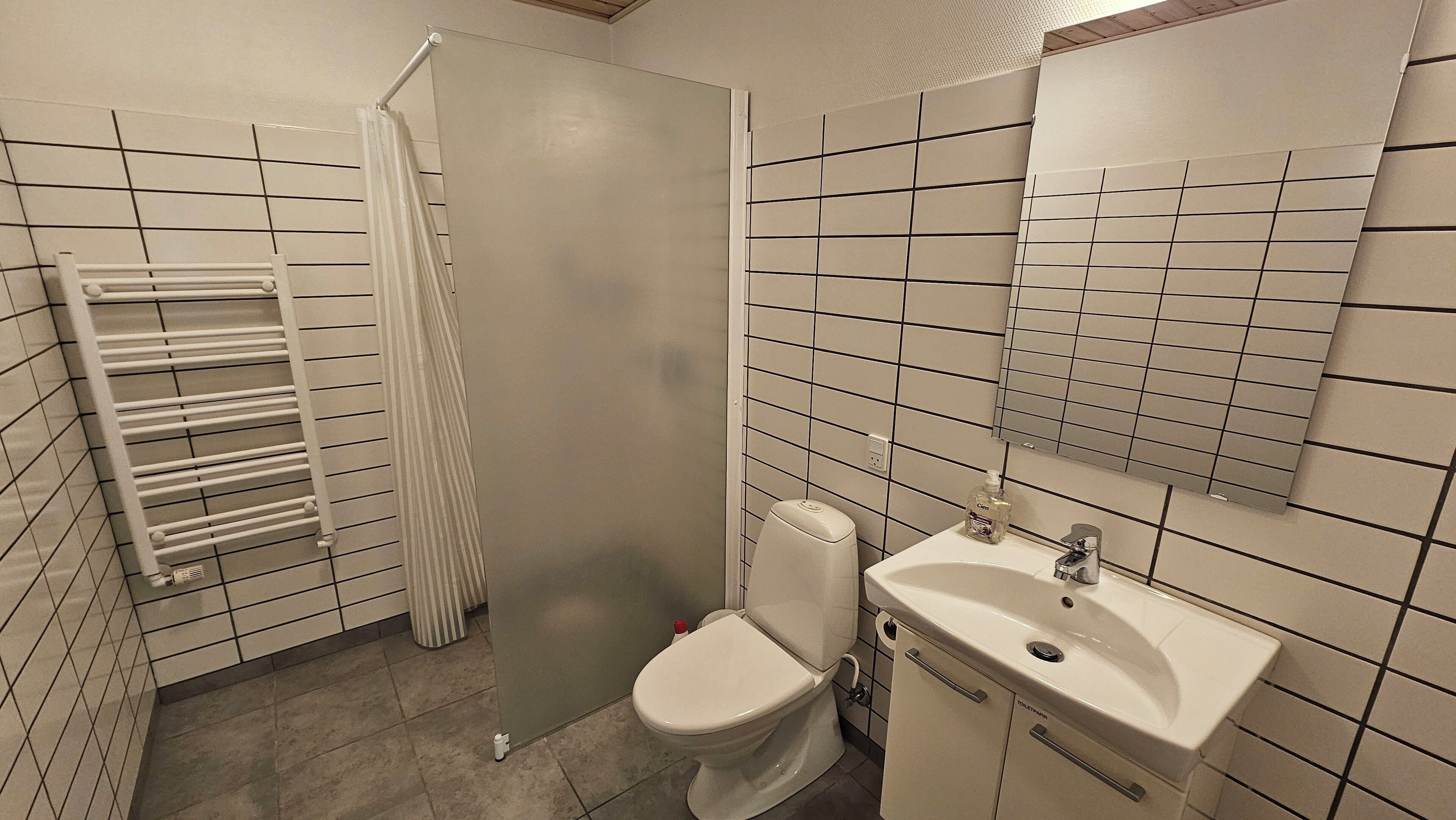 A bathroom with a toilet, sink, and shower.