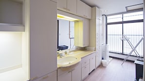 Un bagno moderno con un lavandino capiente, uno specchio e mobili contenitori.