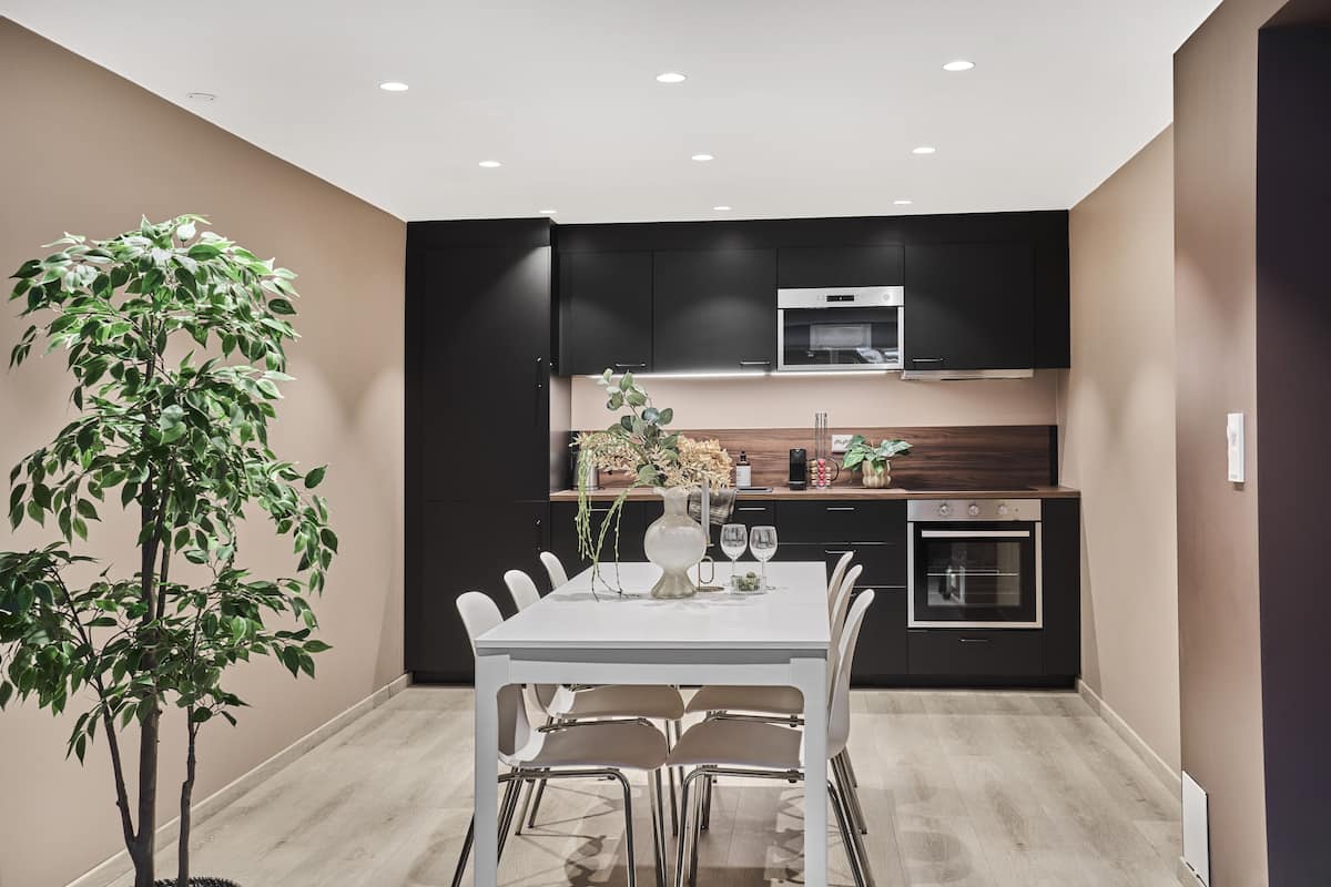 Junior appartement | Privékeuken | Een koelkast/vriezer, een magnetron, een oven, een kookplaat
