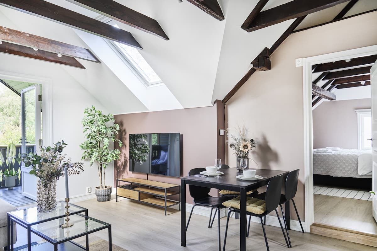 Une chambre de style loft moderne avec une lucarne, un coin repas doté d’une table en verre et un espace de vie avec un téléviseur et des plantes.