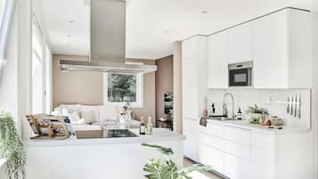 Apartamento Confort | Cocina privada | Frigorífico grande, microondas, horno y placa de cocina