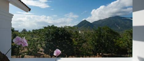 A balcony with white railings overlooking a mountainous landscape.