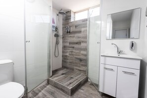 A modern bathroom with a glass-enclosed shower, a white toilet, and a vanity with a mirror and sink.