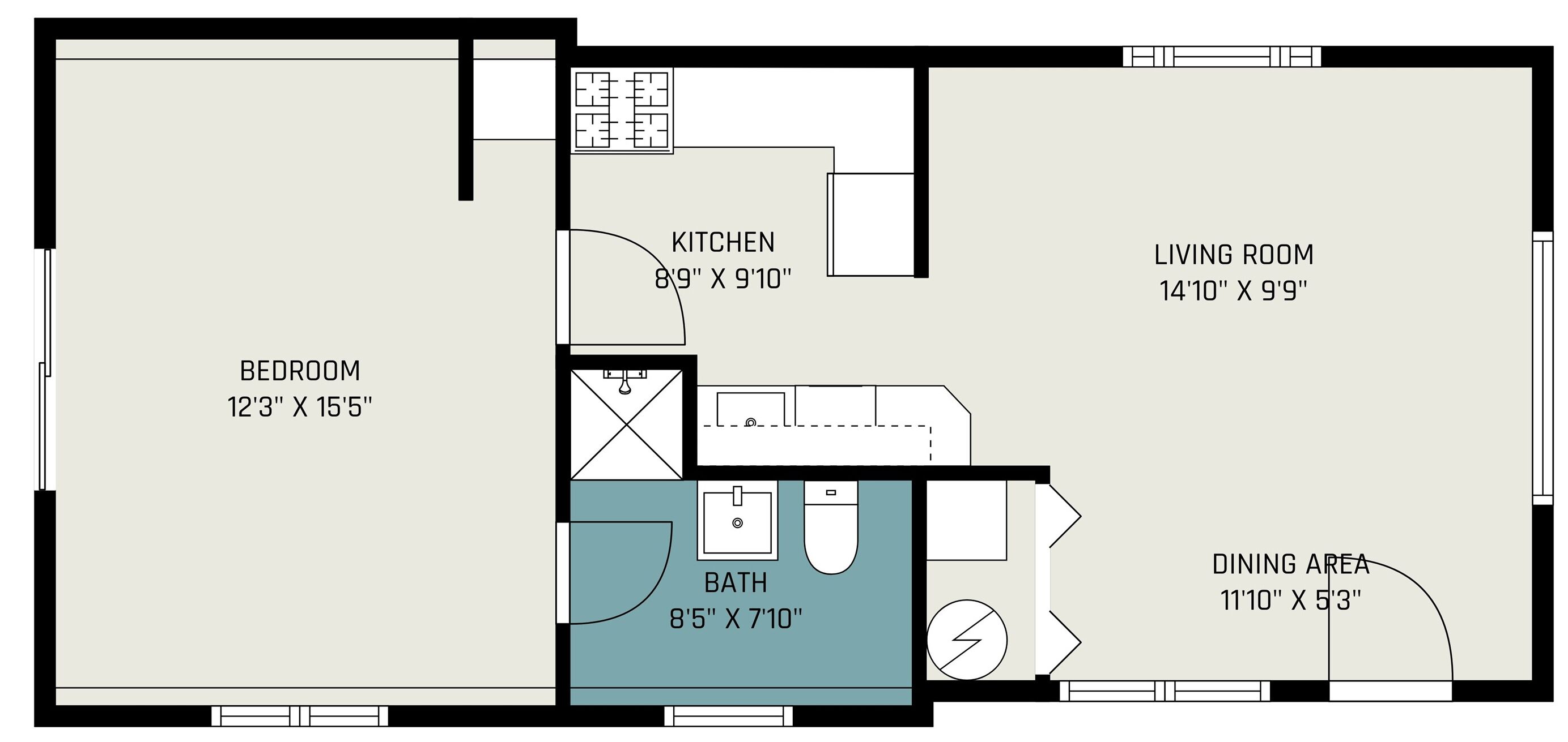 Un plan d’étage d’une maison comprenant une chambre, une cuisine, un salon, une salle de bain et un coin repas.