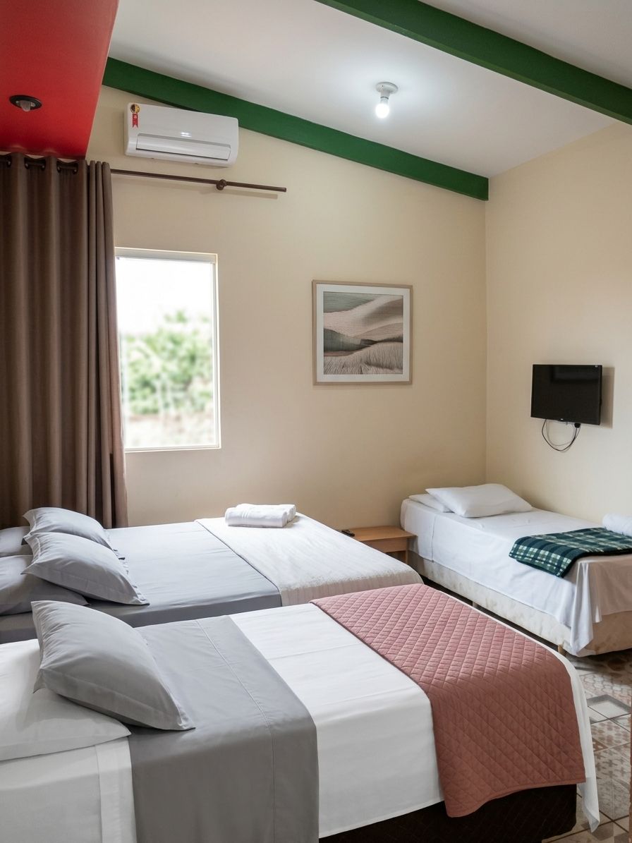A hotel room with two beds, a window with curtains, an air conditioning unit, a wall-mounted television, and a painting on the wall.
