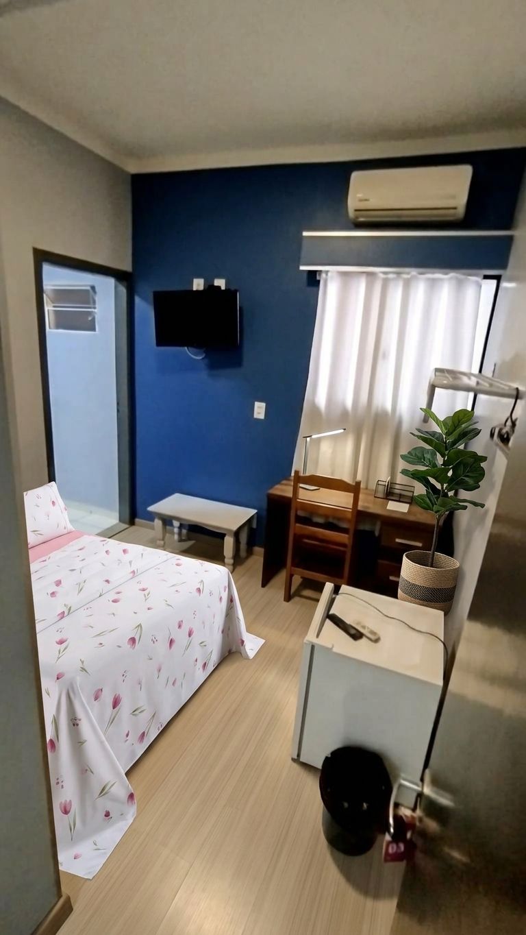 Habitación de hotel compacta con cama, escritorio, silla, televisor y planta.