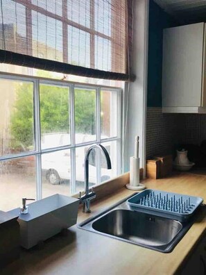 Fridge, microwave, oven, electric kettle