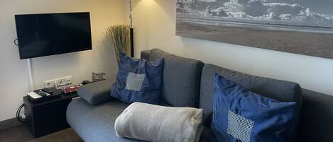 Fernseher, Kamin, Bücher, Stereoanlage