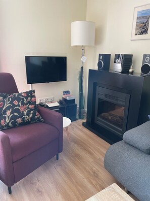 TV, fireplace, books, stereo