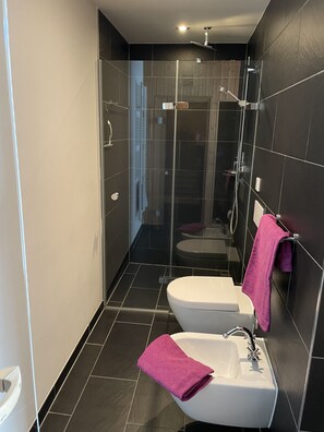 Shower, hair dryer, bidet, soap - Apartment "Moin im Deichgraf" on the Wremer beach and cutter harbor (Wurster Nordseeküste)