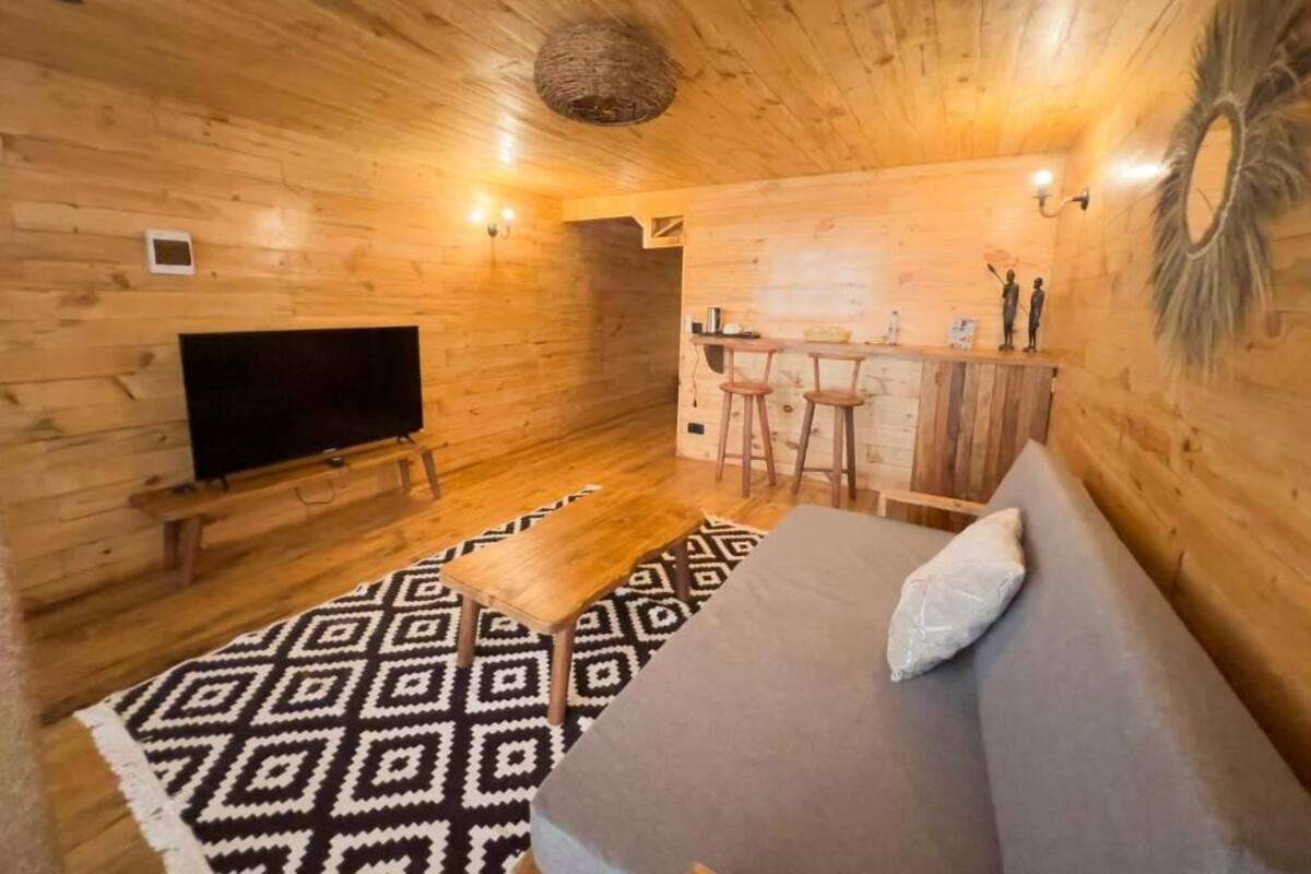 A cozy wooden cabin interior with a sofa, a TV, a bar area, and a patterned rug.