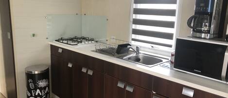 Réfrigérateur, micro-ondes, plaque de cuisson, cafetière/bouilloire