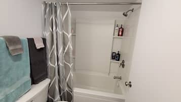 Hair dryer, towels, soap, shampoo