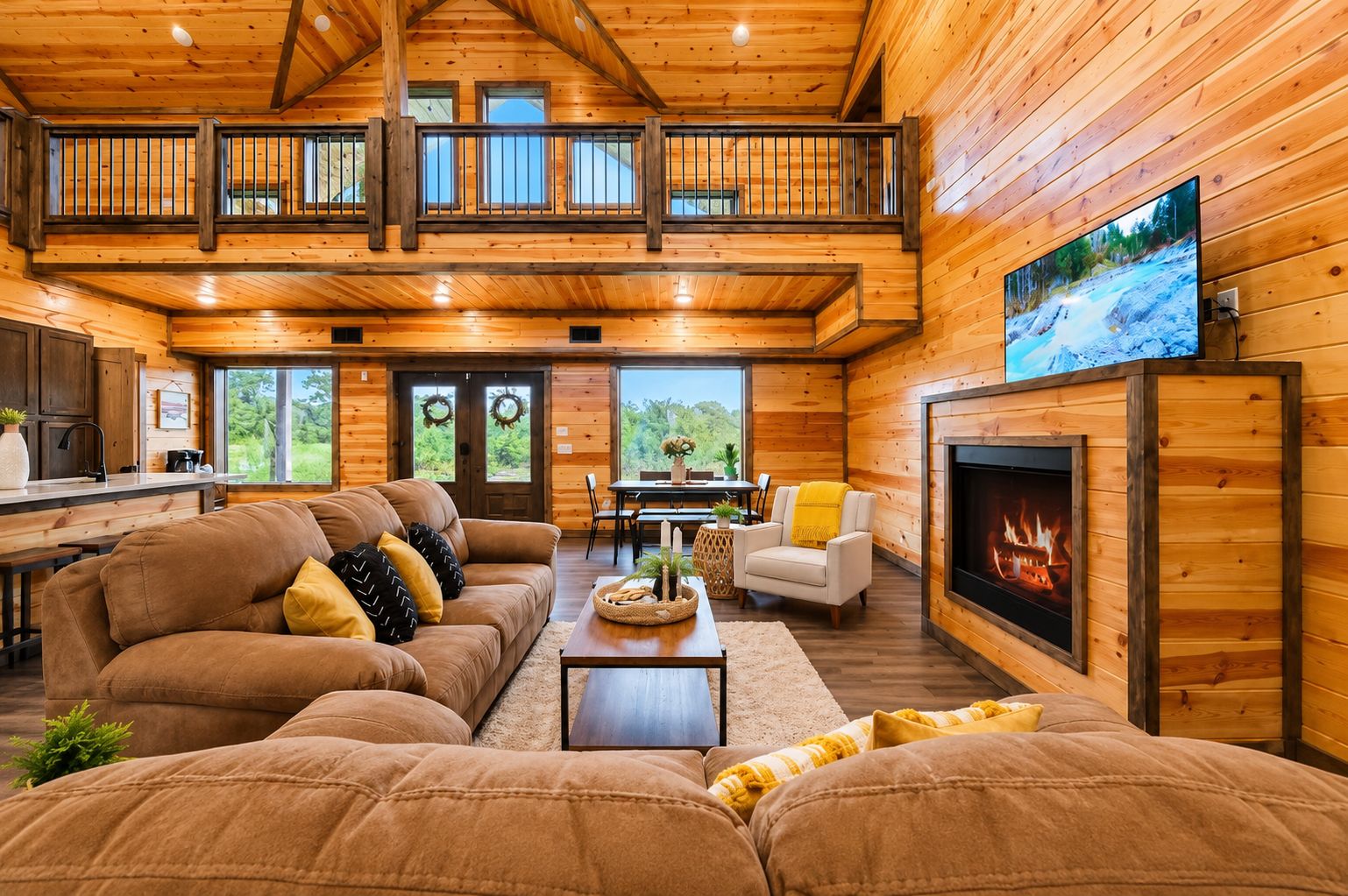 A spacious living room with a high ceiling, a fireplace, a television, and a balcony.