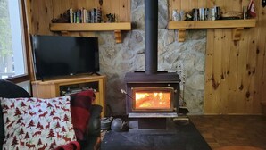 Een gezellige woonkamer met een stenen muur, houten planken, een televisie en een houtkachel.