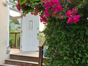 A white door with a glass panel, a wooden staircase leading to a porch, and vibrant pink bougainvillea flowers.