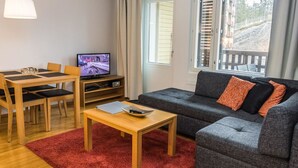 Un salon meublé comprenant un canapé, une table à manger avec des chaises, un téléviseur et une fenêtre avec des stores.