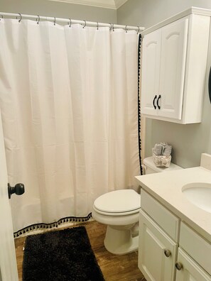 Hair dryer, towels, soap, shampoo