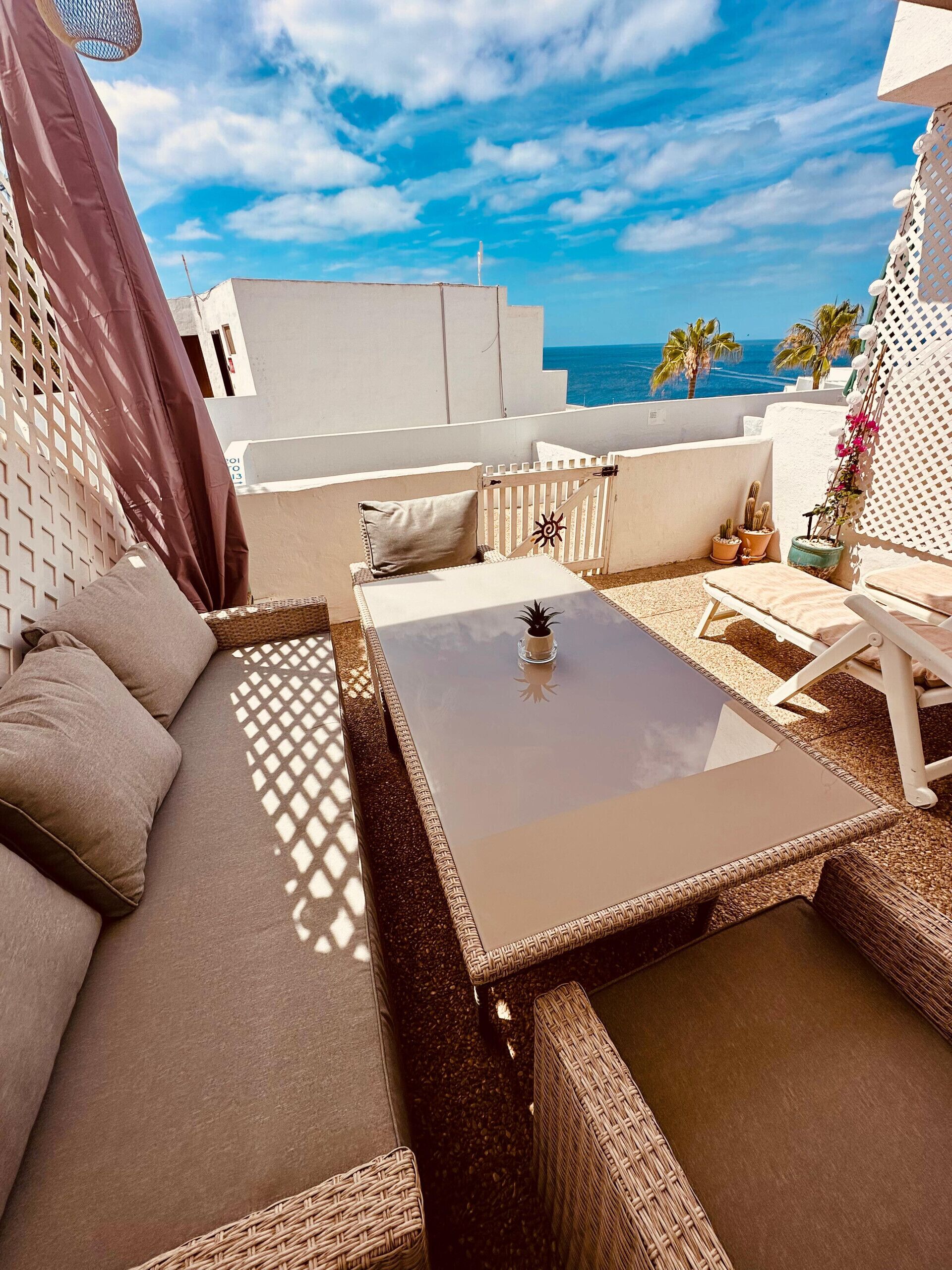 Une terrasse sur le toit, avec un canapé, une table et des plantes en pot.
