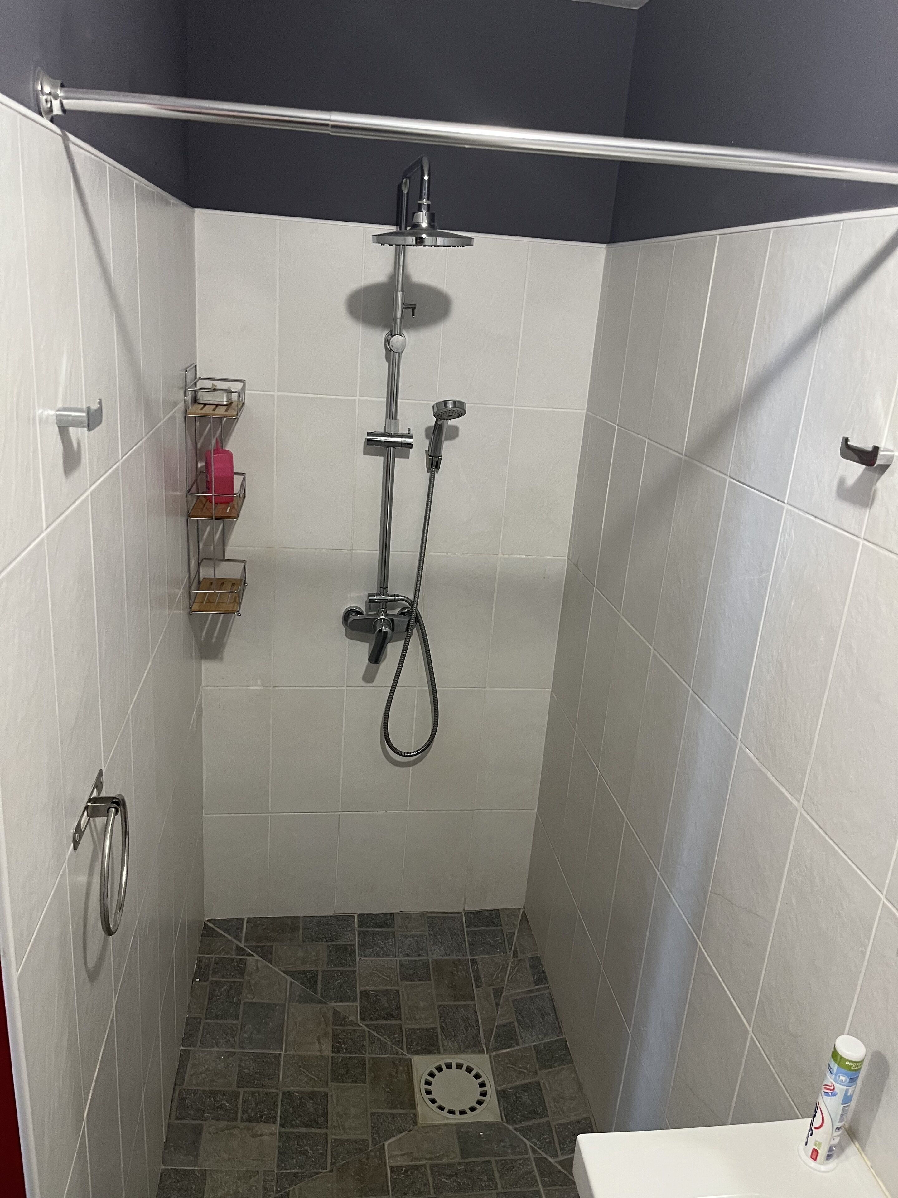 A small, tiled shower area with a handheld showerhead, a vertical rain showerhead, and a handheld shower attachment. There is a small shelf with toiletries and a toilet paper roll visible.