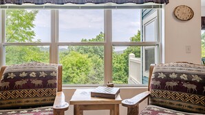 A room with two patterned armchairs facing a large window with a view of trees and a lake. A wooden table with a chessboard is in the center.