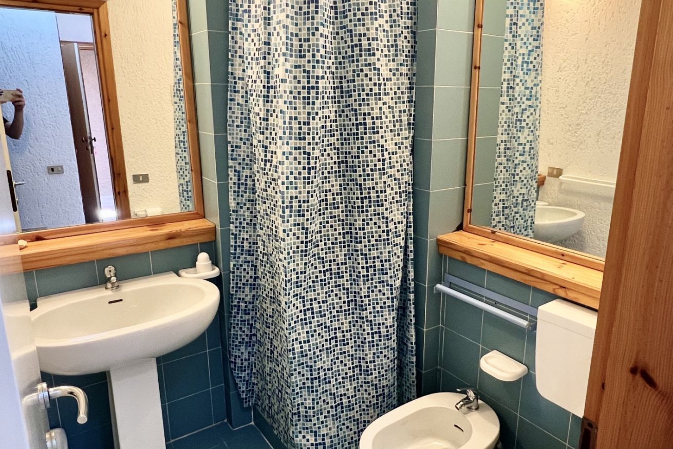 Een badkamer met een mozaïekdouchegordijn, een wastafel, een toilet met douchefunctie en een spiegel.