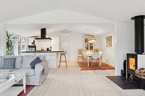 Een moderne woonruimte met een keuken, eethoek en een open haard.