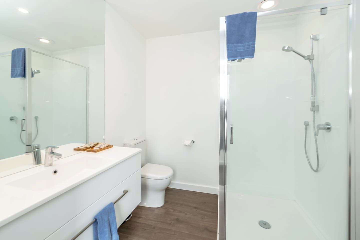 A modern bathroom with a glass shower enclosure, a white sink with a mirror, and a toilet.