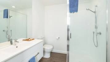 A modern bathroom with a glass shower enclosure, a white sink with a mirror, and a toilet.