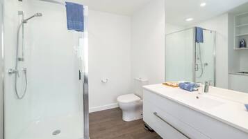 A modern bathroom with a glass shower enclosure, a white toilet, and a vanity with a mirror.