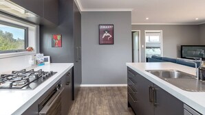 Ett modernt kök med en gasspis, en diskho och mörka köksskåp. Det finns ett fönster som släpper in naturligt ljus och ger utsikt över grönområden utanför.