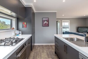 Una cocina moderna con estufa a gas, un lavamanos y una ventana.