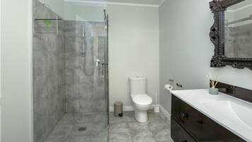 Un baño con ducha envuelta en vidrio, un inodoro blanco y un tocador oscuro con espejo.