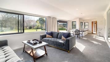 Smart TV, chimenea, estéreo