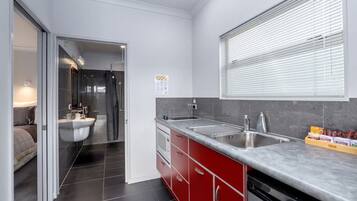 Fridge, microwave, toaster, cookware/dishes/utensils