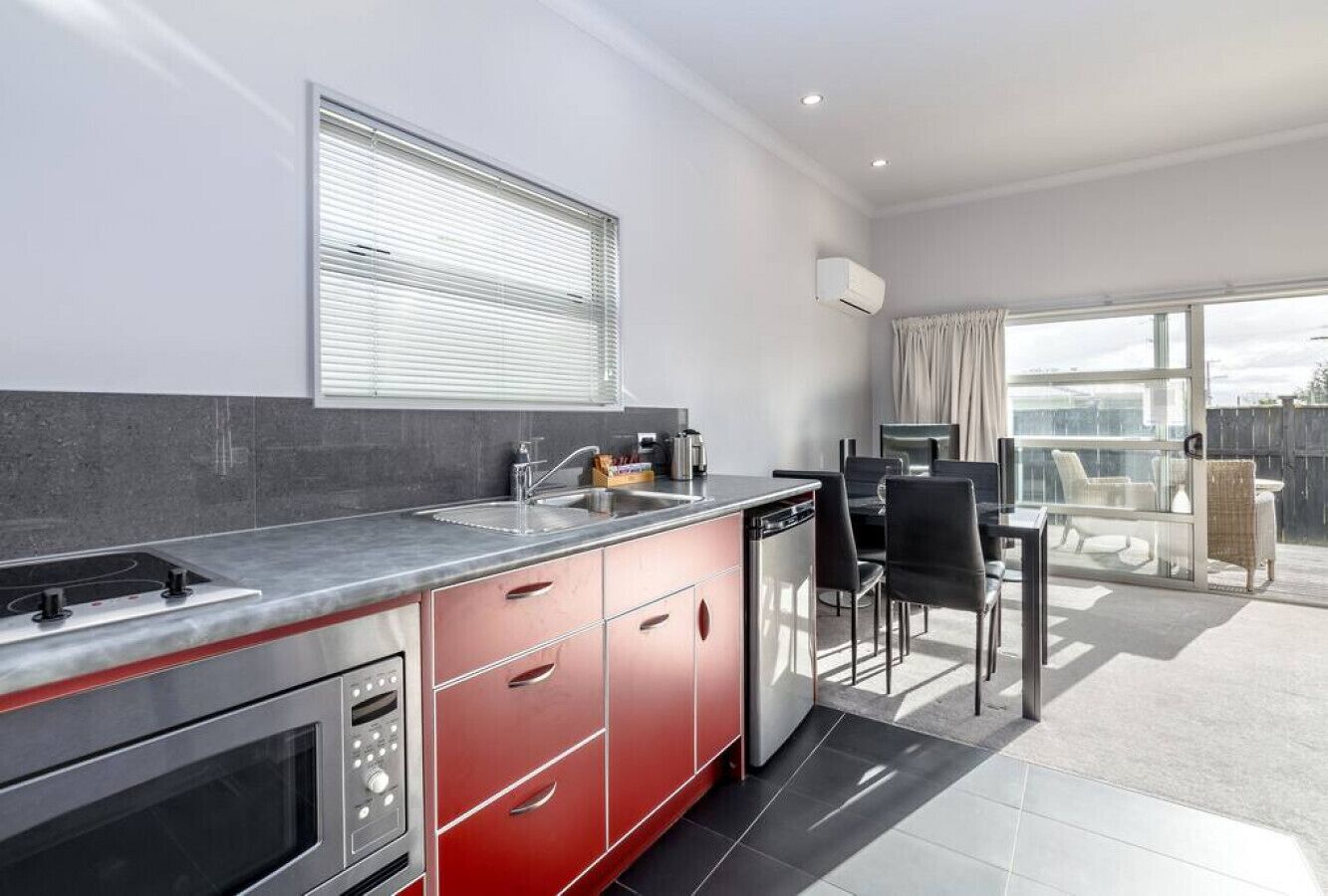 Fridge, microwave, toaster, cookware/dishes/utensils