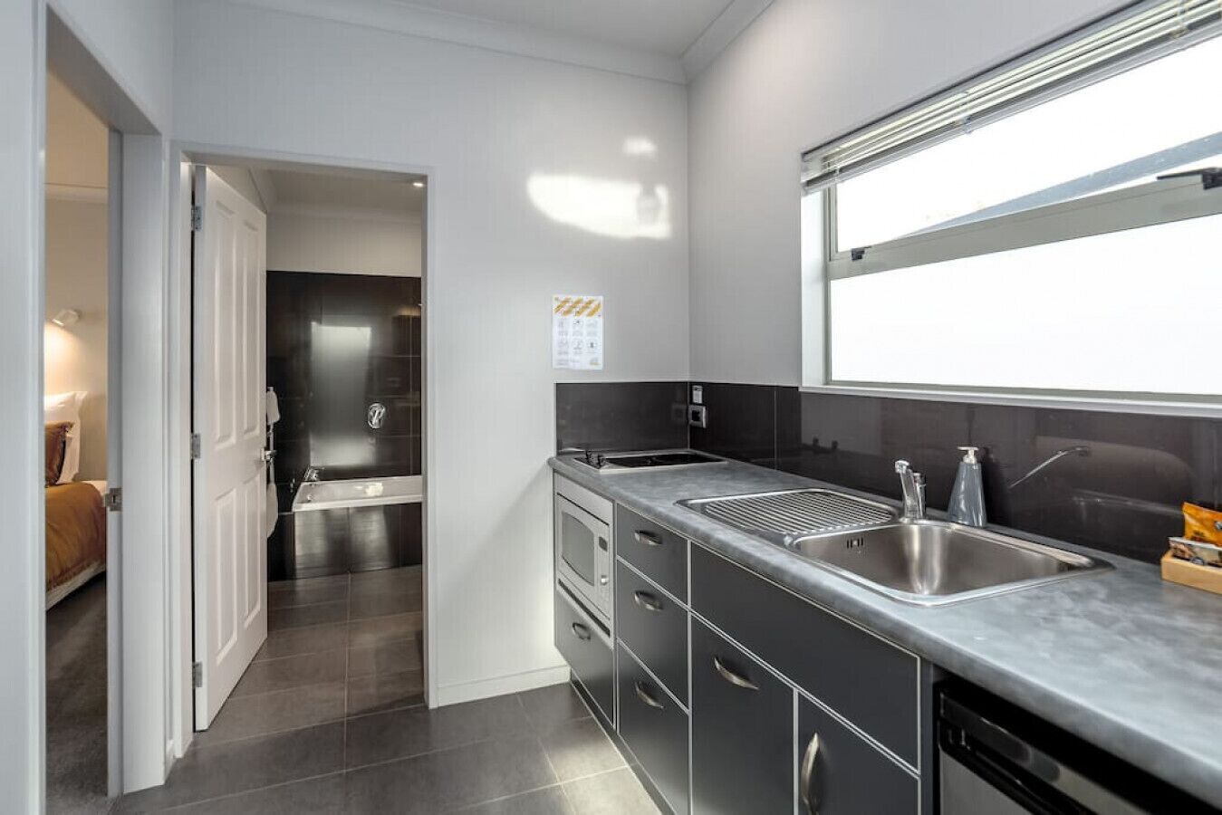 Fridge, microwave, toaster, cookware/dishes/utensils