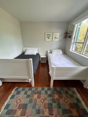A room with two single beds, a window, and a patterned rug.