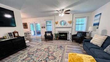 Smart TV, fireplace, books, stereo