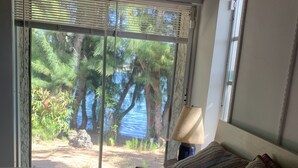 A bedroom with a large bed, a view of trees and water outside, and a lamp on a bedside table.