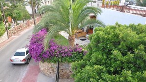 A street view with a white car parked on the side, a stone wall, and a palm tree with purple flowers. - Holiday Villa in Tarragona with Open Terrace, Garden & Wi-Fi (Tarragona)