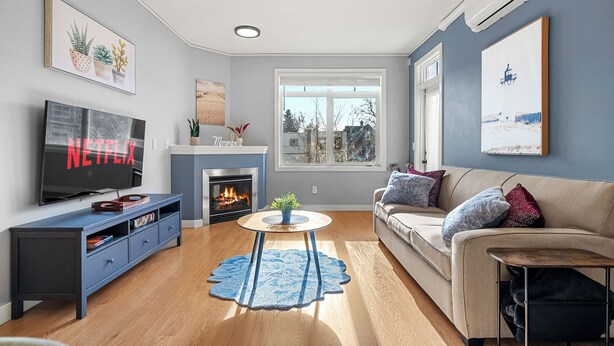 A living room with a fireplace, a TV, and a sofa.