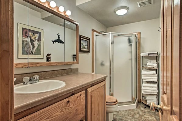 Shower, hair dryer, towels, soap