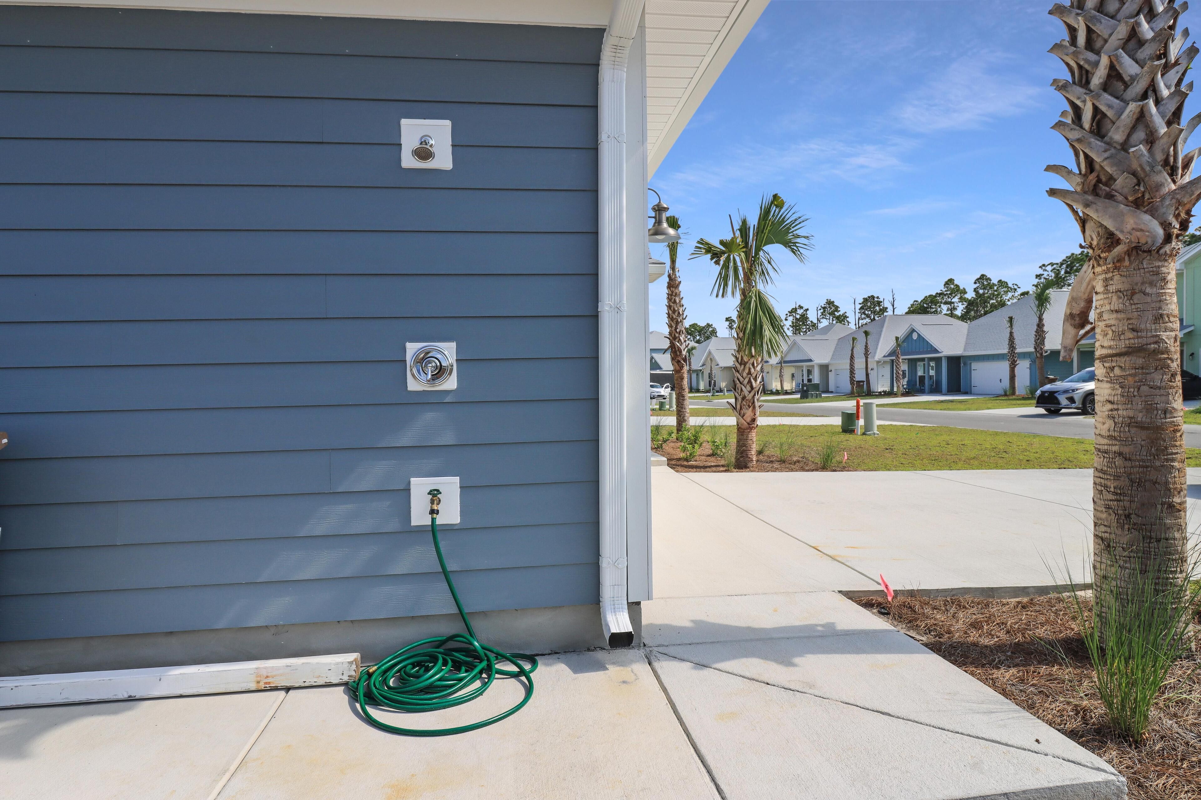 A house with a grey exterior wall, a green garden hose, and a palm tree.